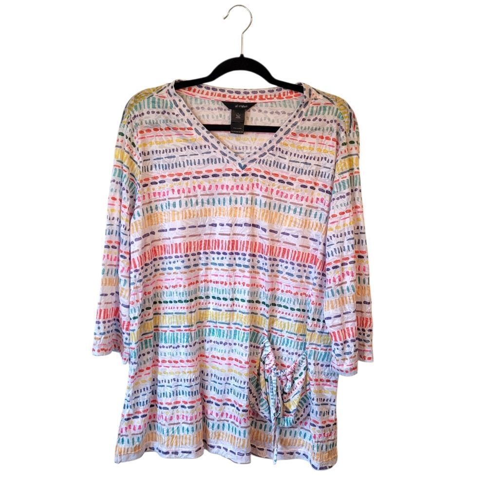Ali Miles Multi-Color Rainbow Stripe Pocket Front Tunic Blouse Size L